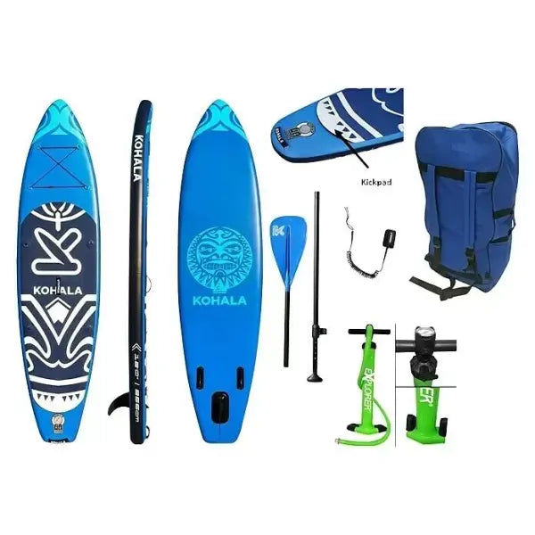 Kohala Explorer 320 inflatable paddle board kit in blue with paddle, pump and carry bag