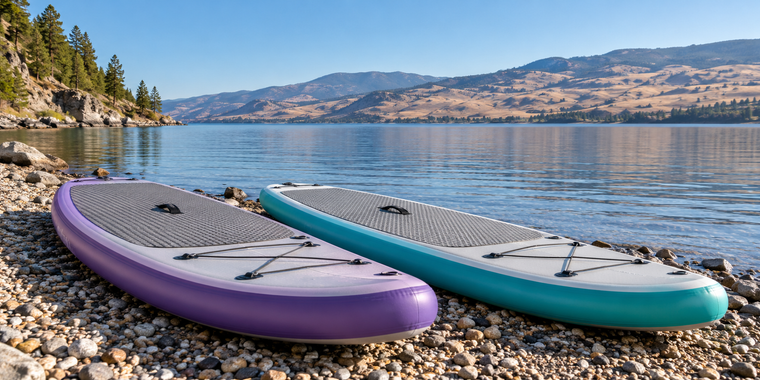 Illustration of purple and teal inflatable paddle boards beside a calm Okanagan-style lake.