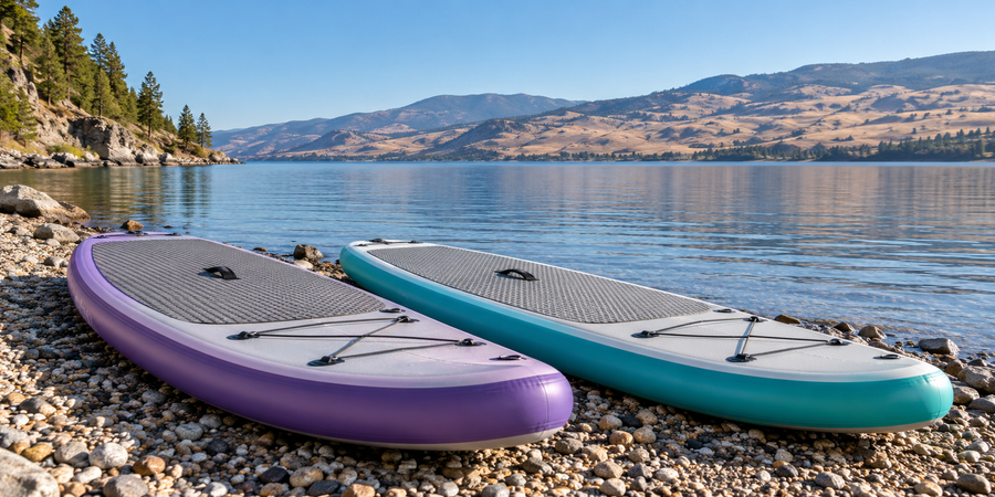 Illustration of purple and teal inflatable paddle boards beside a calm Okanagan-style lake.