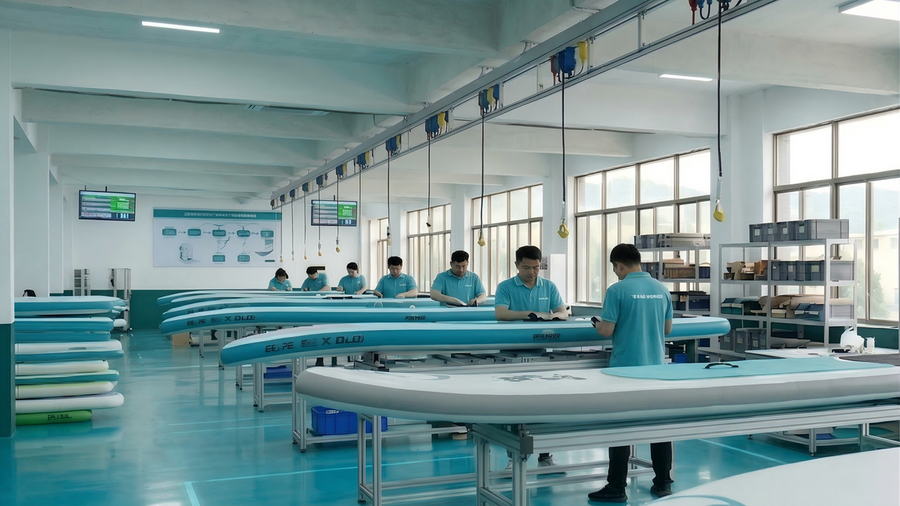 Inflatable stand-up paddle boards being assembled in a factory workshop