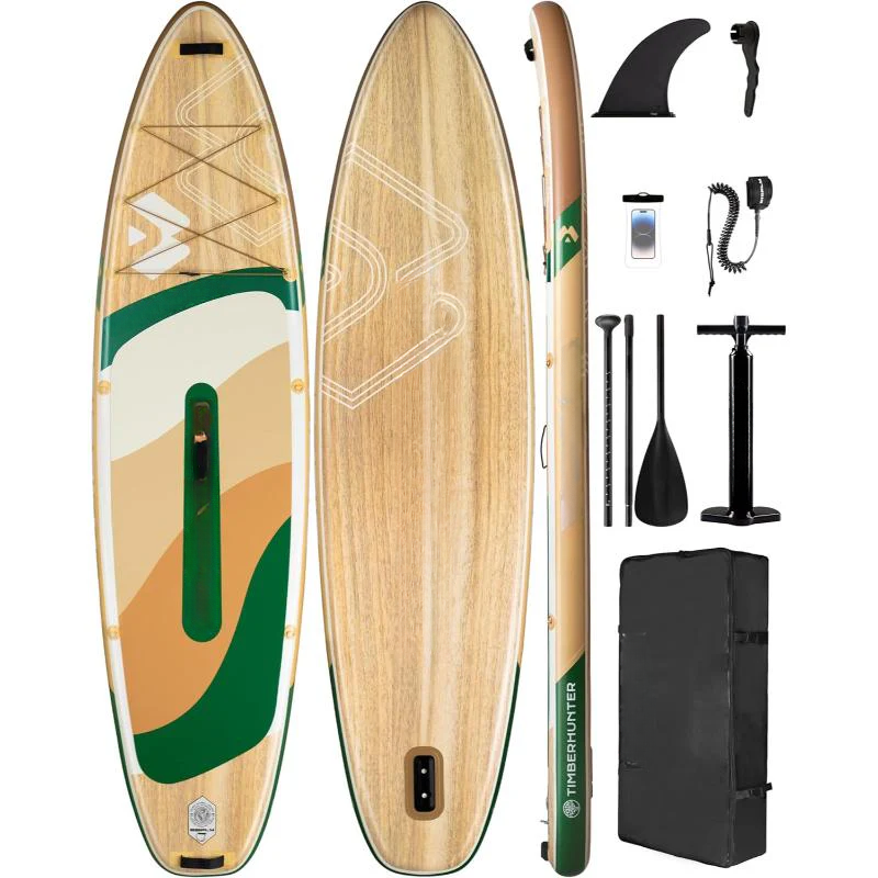 EVT wood-grain inflatable paddle board with green accents and accessory kit