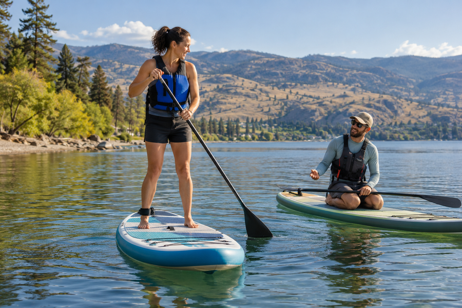 Paddler practising standing with an instructor nearby