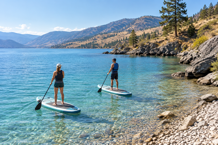 Two paddlers wearing PFDs beside a rocky shoreline in an Okanagan-inspired lake scene