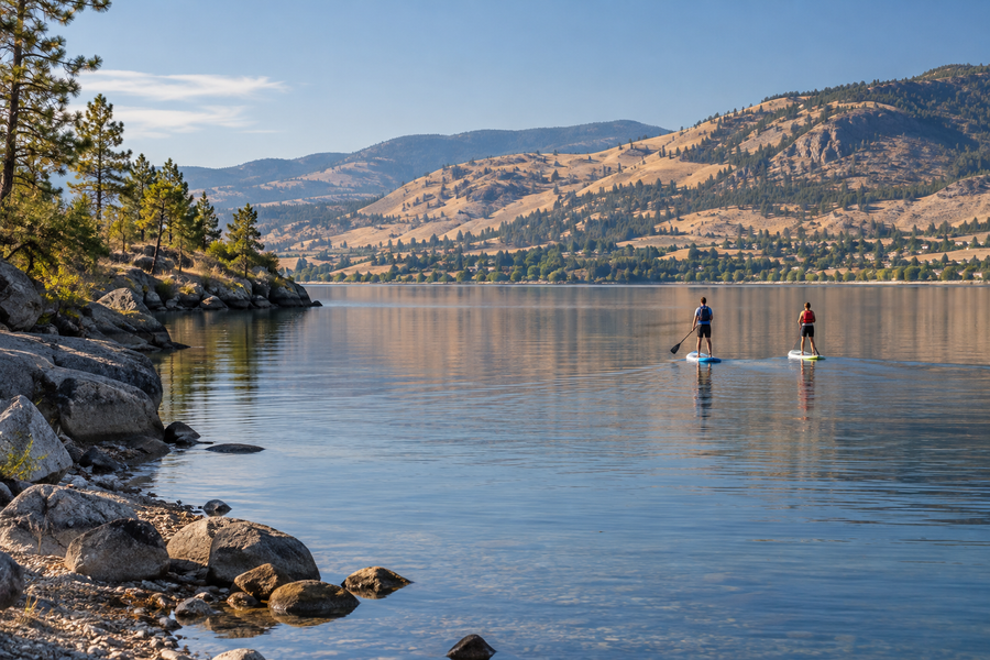 Two paddlers near shore on a calm morning lake