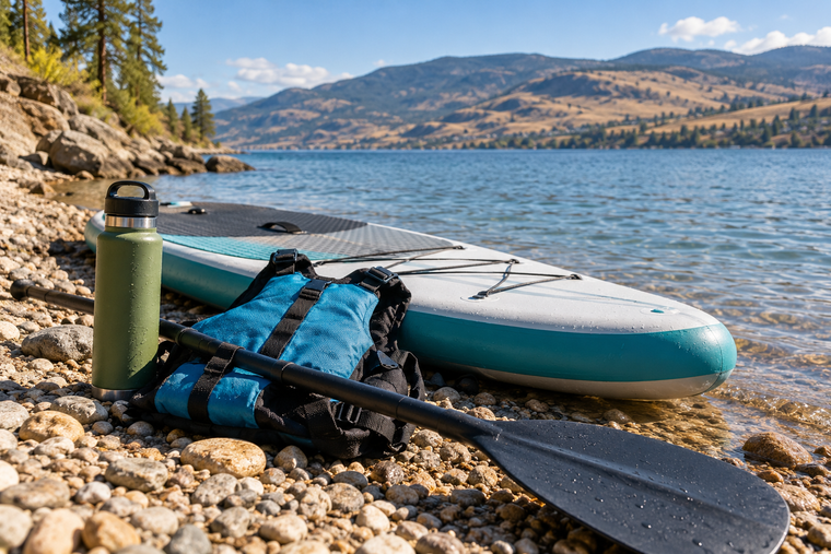Water bottle, PFD and paddle beside a board on a lakeshore