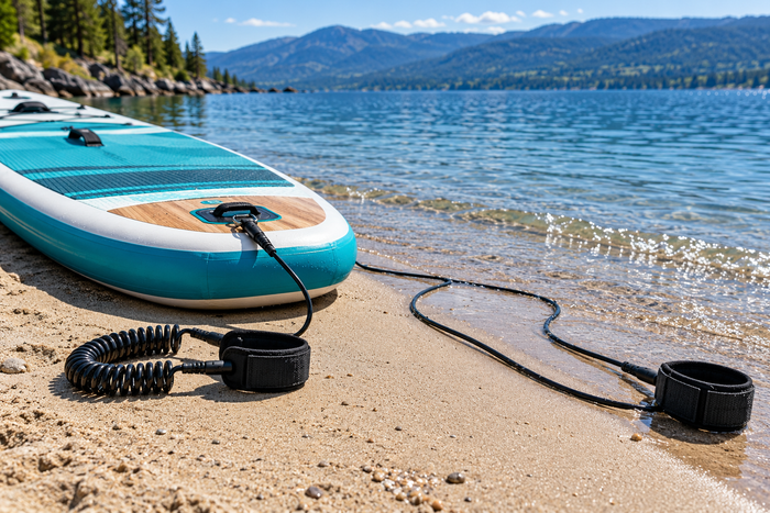 Inflatable paddle board on a lakeshore beside a coiled SUP leash and a long straight surf-style leash for a flatwater leash comparison