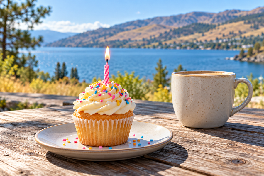 Birthday cupcake and coffee on a picnic table overlooking an Okanagan-inspired lake