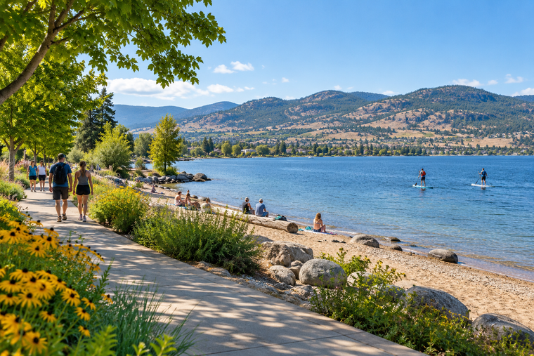 Illustration of a sunny Okanagan lakefront with walkers, beachgoers and paddle boarders