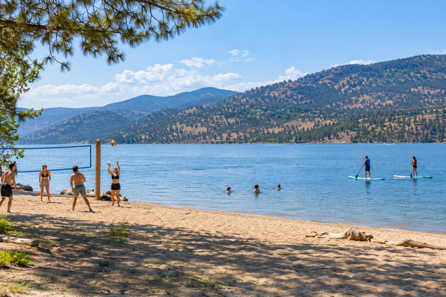Illustration of an Okanagan beach with swimming, paddle boarding and beach volleyball
