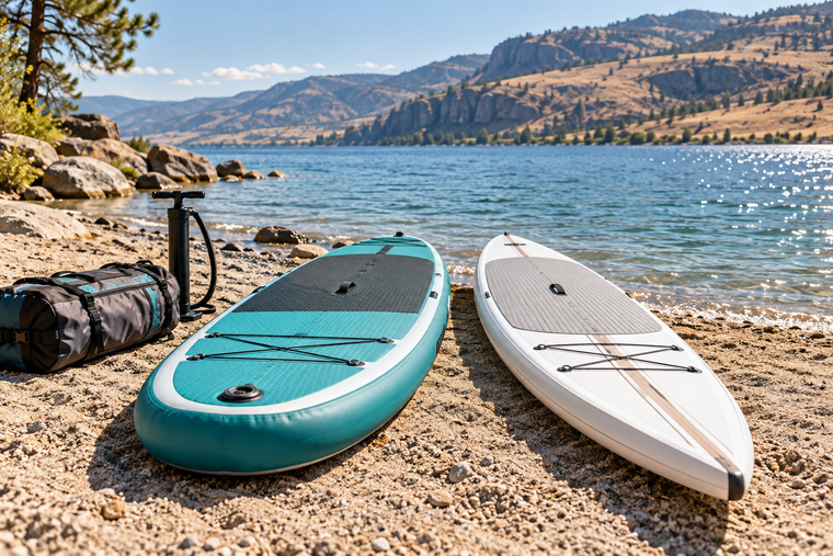 An inflatable paddle board and a rigid paddle board rest side by side on a lakeshore