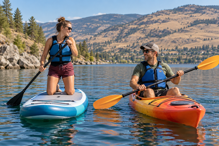 Two paddlers wearing flotation devices use a kayak and an inflatable paddle board on a calm lake