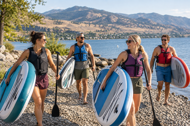 Four friends carrying paddle boards for a lake outing