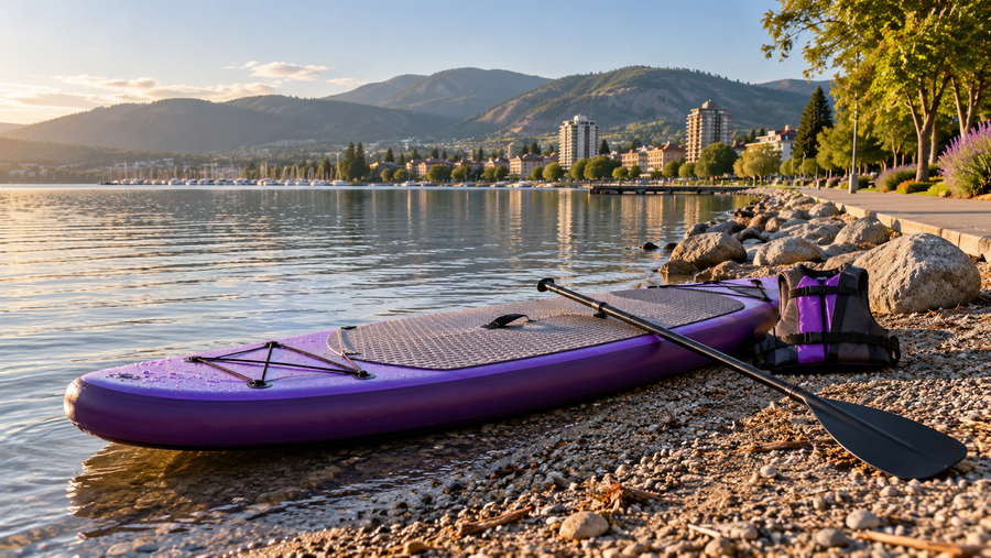 Illustration of an inflated paddle board, paddle and life jacket ready beside a waterfront walkway.