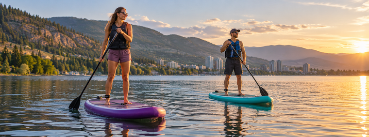 Illustration of a couple wearing life jackets on separate paddle boards on an Okanagan-style lake.