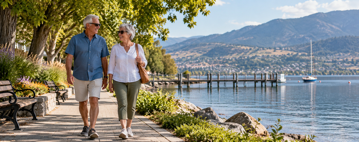 Illustration of older adults enjoying a lakeside promenade with benches and shade trees.