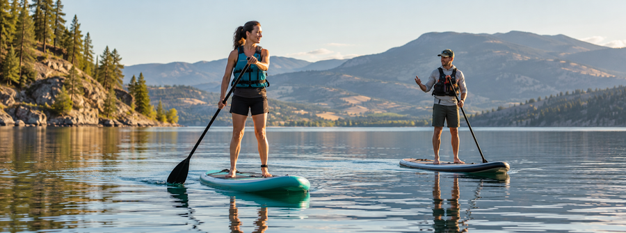 Illustration of a solo traveller paddling alongside another paddler on a calm lake.