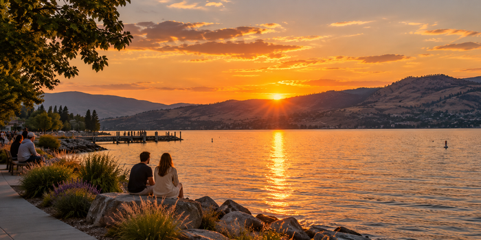Illustration of people watching warm sunset colours over an Okanagan-style lake from shore.