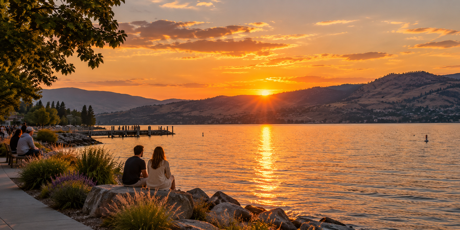 Illustration of people watching warm sunset colours over an Okanagan-style lake from shore.