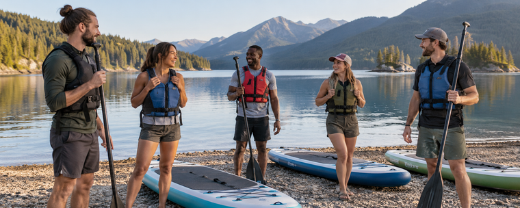 Illustration of a small group wearing life jackets gathered with paddle boards for a team outing.