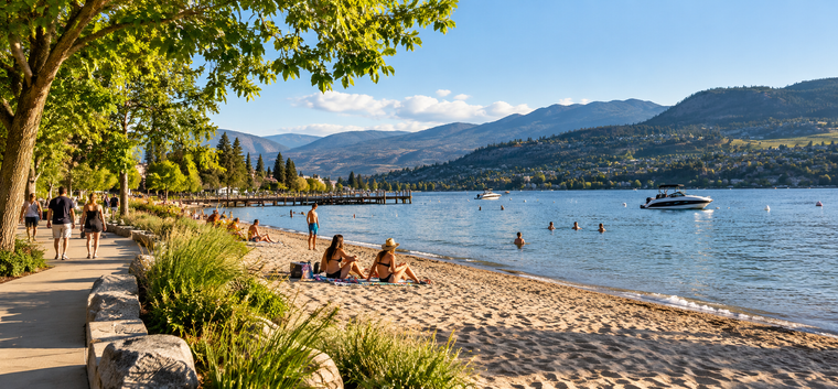 Illustration of a sandy Okanagan-style beach with shade trees and a waterfront path.
