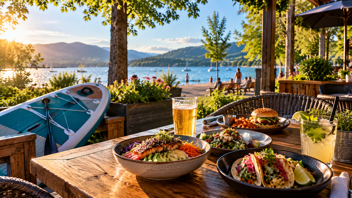 Illustrative lakeside patio meal in Kelowna with a paddle board beside the table, local food and Okanagan Lake scenery