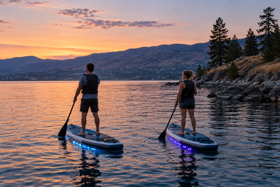 Two paddlers on illuminated LED boards beside the shoreline at dusk