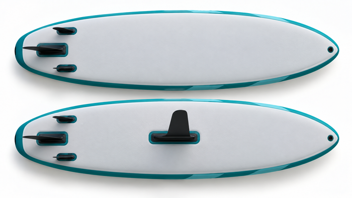 Illustrative underside comparison of a standard three-fin inflatable paddle board and a board with an oversized extra center fin