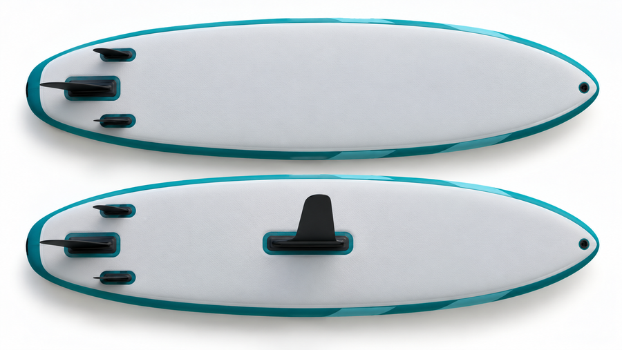 Illustrative underside comparison of a standard three-fin inflatable paddle board and a board with an oversized extra center fin