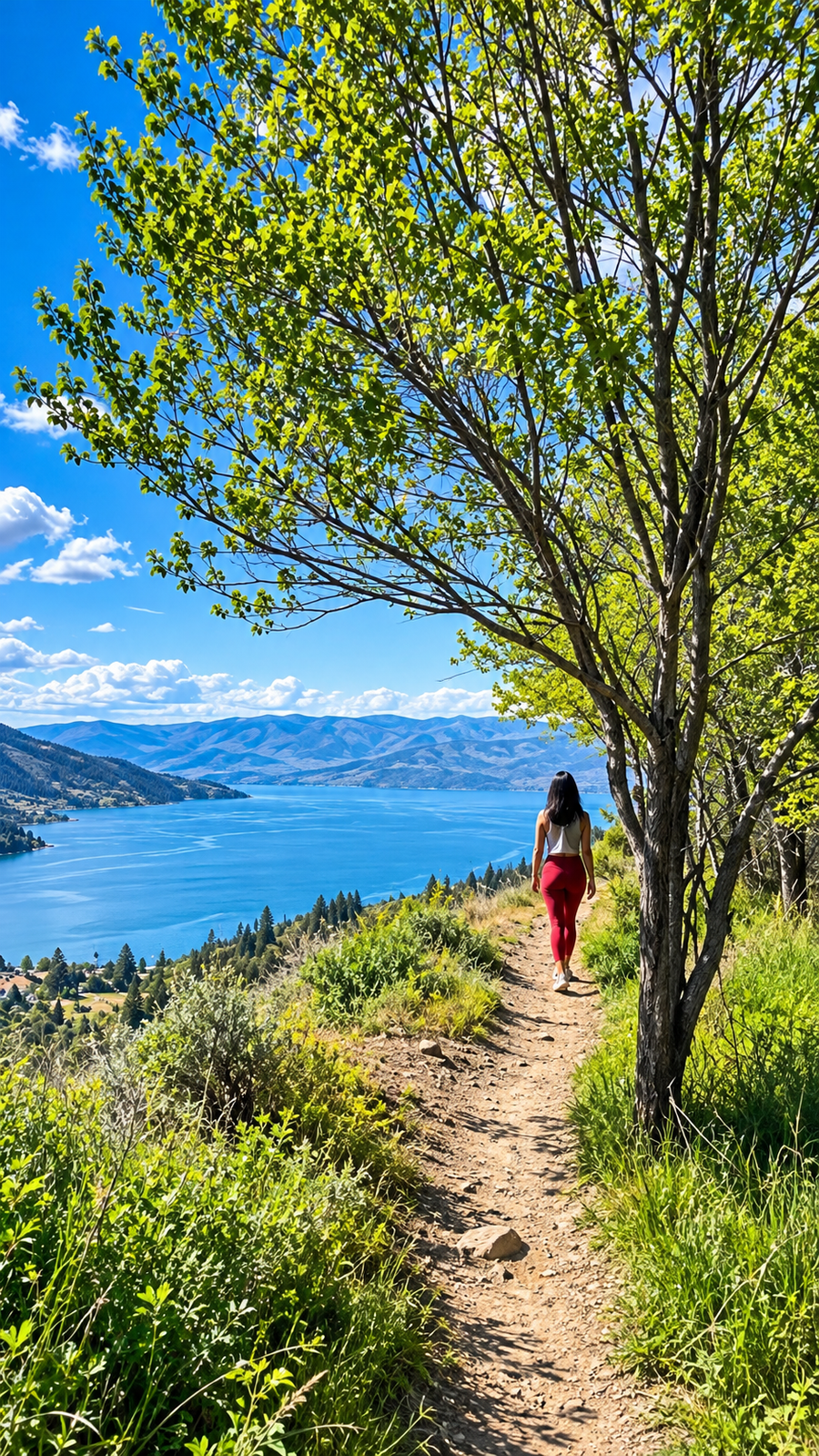 Scenic Okanagan lakeside hiking trail with blue lake, mountain views and a shaded tree
