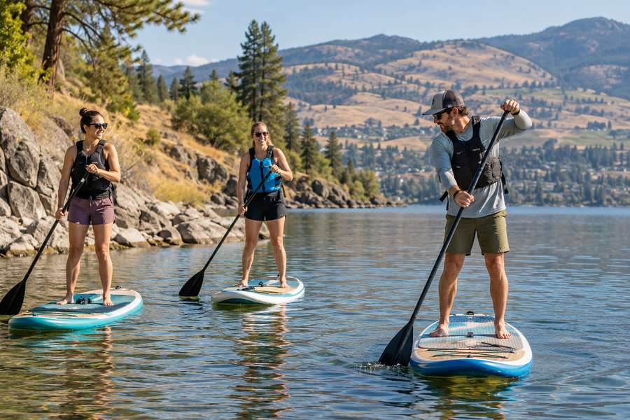 Instructor demonstrating a paddle stroke to two paddlers