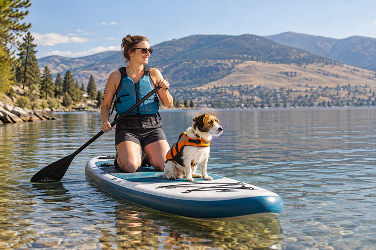 Paddler kneeling with a dog in a canine flotation vest