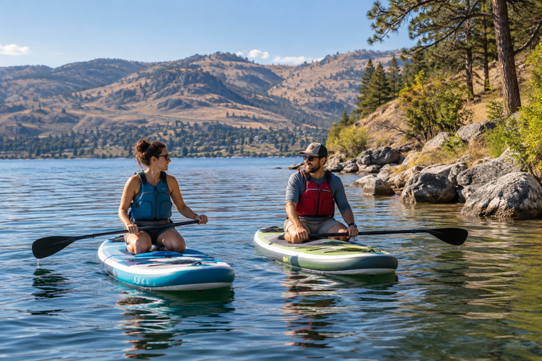 Two paddlers enjoying company on separate boards near shore