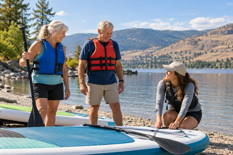 Older adults preparing paddle boards with an instructor beside a lake