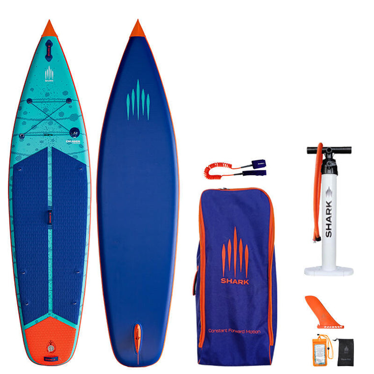 Shark SUPs Cruiser Flow inflatable paddle board in blue and orange