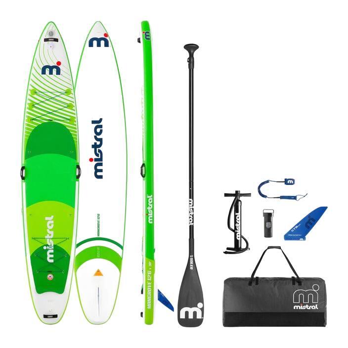 Mistral inflatable paddle board kit in green and white with paddle, fin, pump and bag