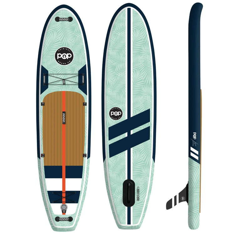 POP Board Co Yacht Hopper 11-foot inflatable touring SUP in mint, teak and blue