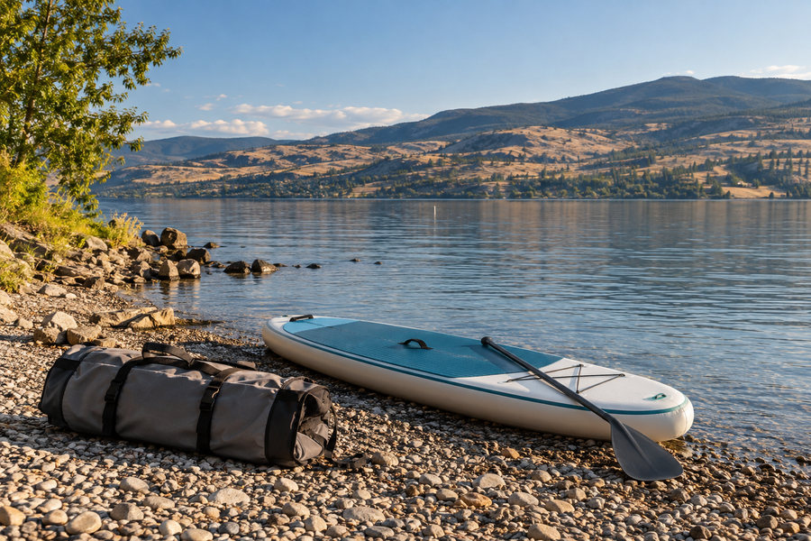 Inflated paddle board and packed equipment beside an Okanagan lakeshore