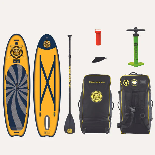 SOLrey inflatable paddle board in yellow and blue with accessory kit