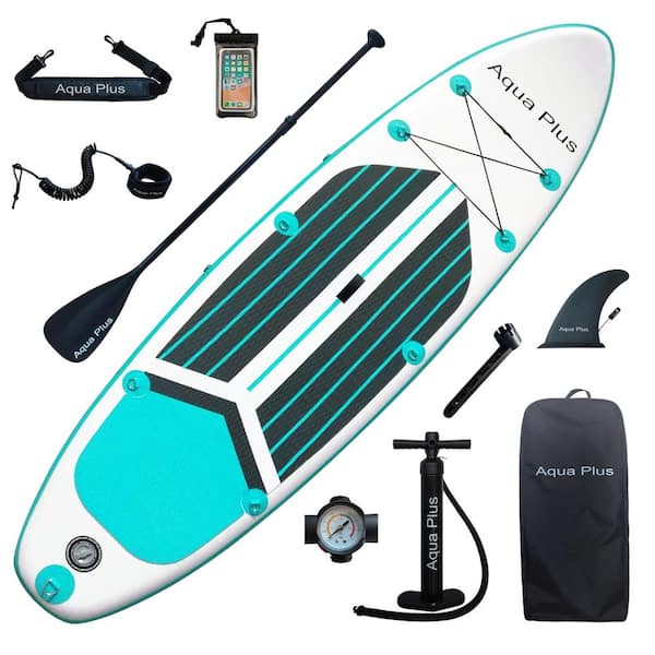 Aqua Plus 126-inch inflatable paddle board kit with teal and white deck and accessories