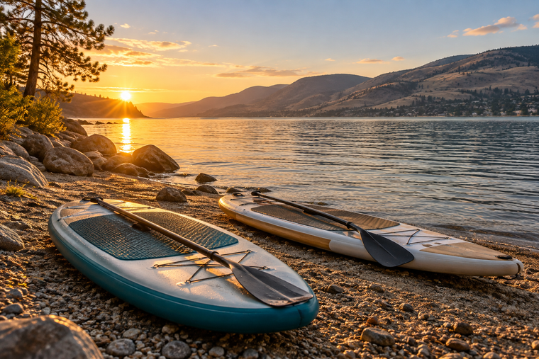 Two paddle boards on a lakeshore in golden-hour light