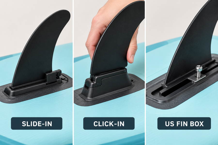 Comparison of slide-in, click-in and US box paddle board fin attachment systems