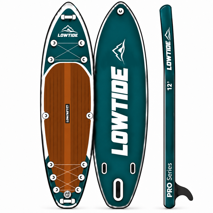 LowTide Aqua 12 foot by 36 inch inflatable paddle board on a calm lake, illustrating paddle board size and capacity
