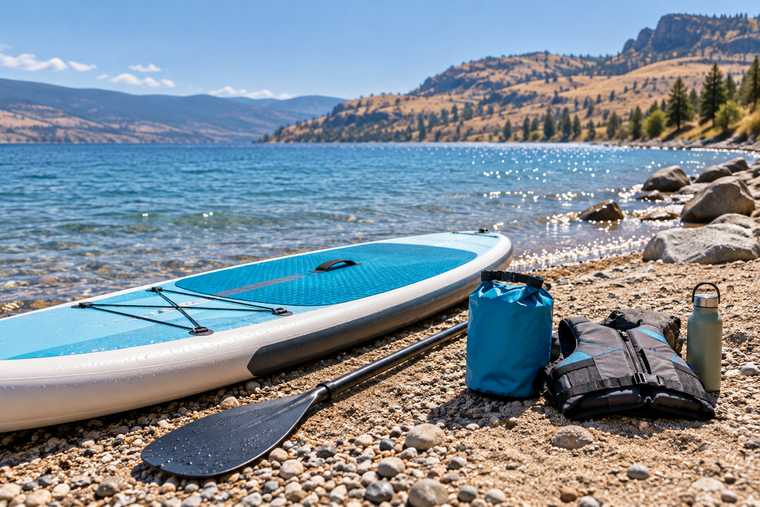 Paddle board, flotation device, small dry bag and water bottle on an Okanagan-inspired beach