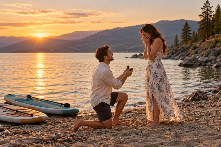 A couple getting engaged on an Okanagan-inspired lakeshore with paddle boards nearby