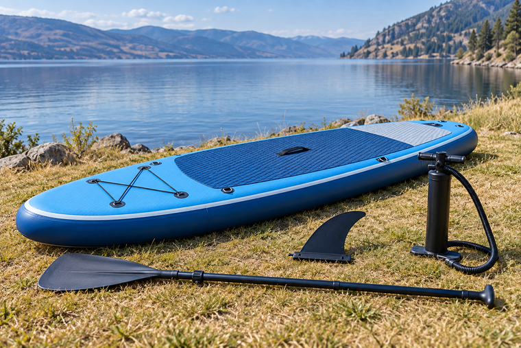Illustrative used inflatable paddle board with a pump, paddle and removable fin laid out for inspection