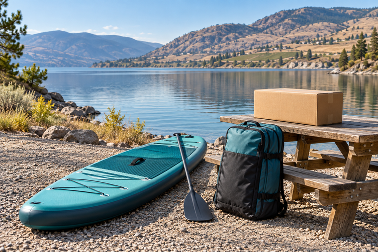 Illustrative inflatable paddle board and shipping carton beside an Okanagan-inspired lake