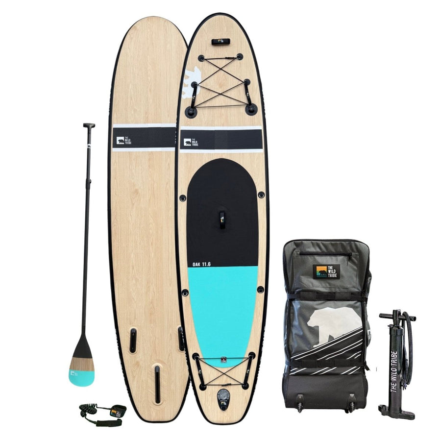 The Wild Tribe Oak 11 foot 6 inflatable paddle board package with wheelie bag and accessories