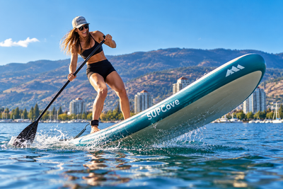 Joyful paddleboardingona mountain lake in Kelowna, BC